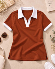 Women's Colourblocked Polo Collar T-Shirt — Rust — Thumbnail 3
