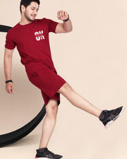 Men's Cotton Printed Night Suit Set of Top & Shorts — Maroon — Thumbnail 3