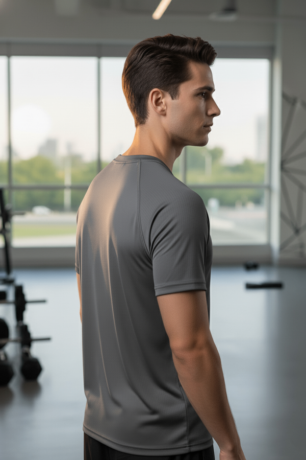 Men's Moisture-Wicking Raglan Athletic Gym T-Shirt — Charcoal Grey Angle View — Custom Printing Surat