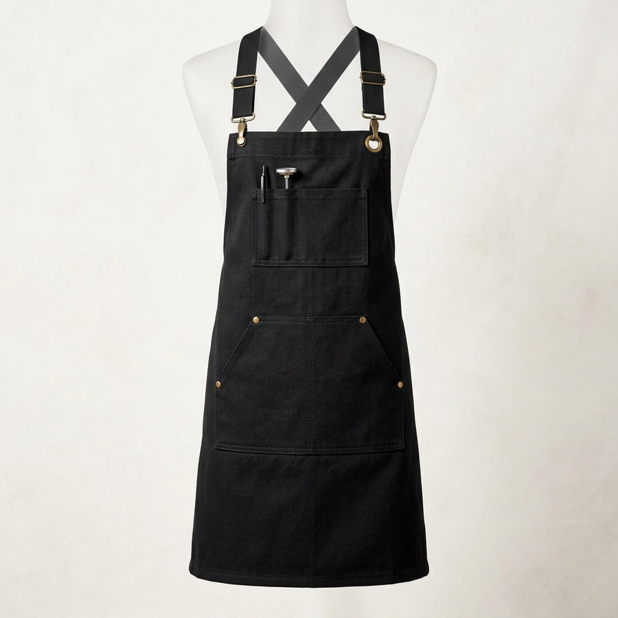 Heavy Duty Cotton Kitchen Apron with Pockets — Jet Black — Tshirt Factory India Direct Manufacturer Surat