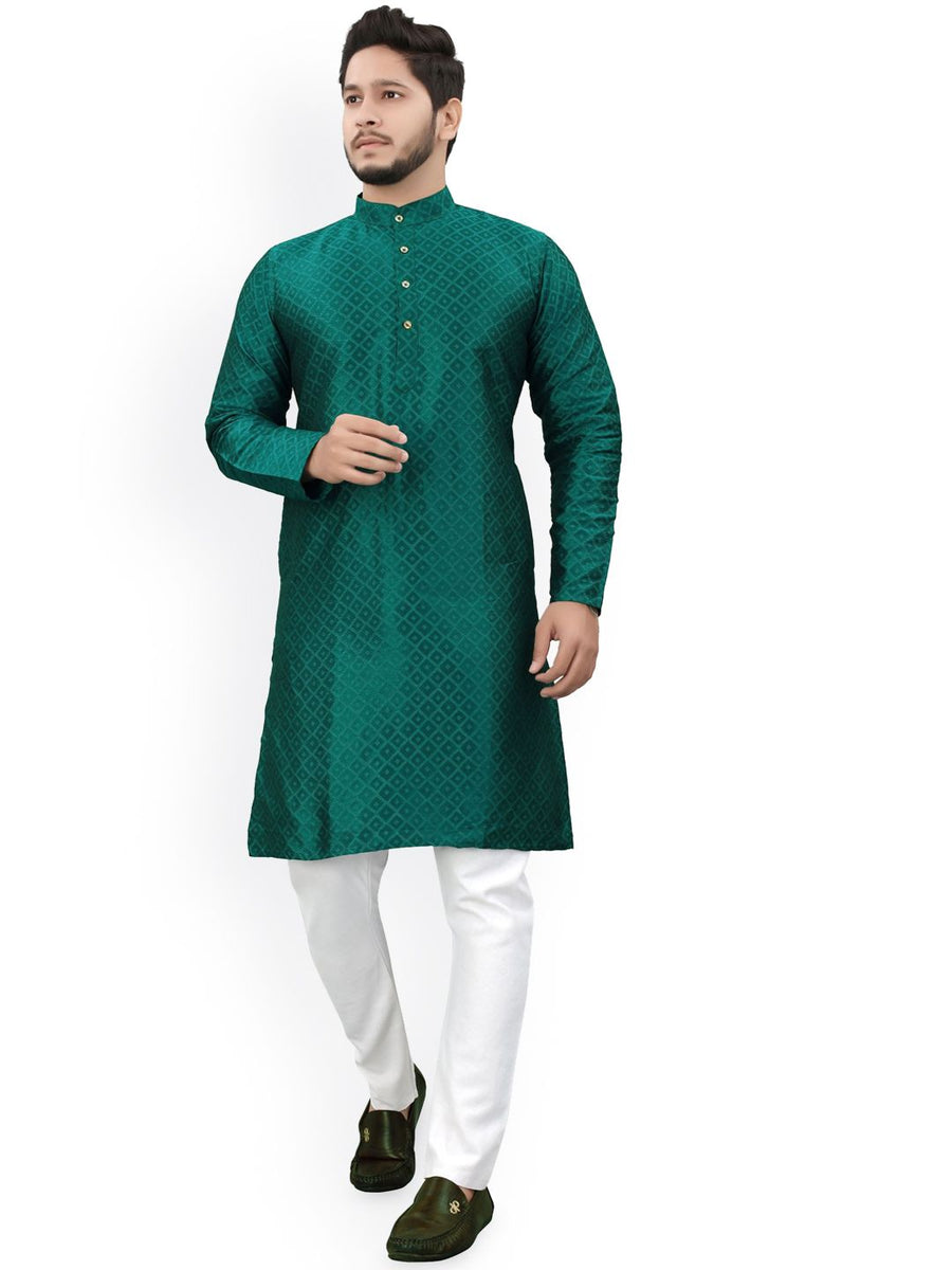 Men's Mandarin Collar Thread Work Jacquard Straight Kurta — Green — Tshirt Factory India Direct Manufacturer Surat