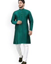 Men's Mandarin Collar Thread Work Jacquard Straight Kurta — Green — Thumbnail 5