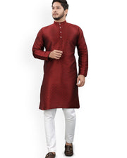 Men's Mandarin Collar Jacquard Straight Kurta — Maroon — Thumbnail 6