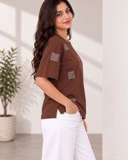 Women's Printed Drop-Shoulder Sleeves T-Shirt — Coffee Brown — Thumbnail 3