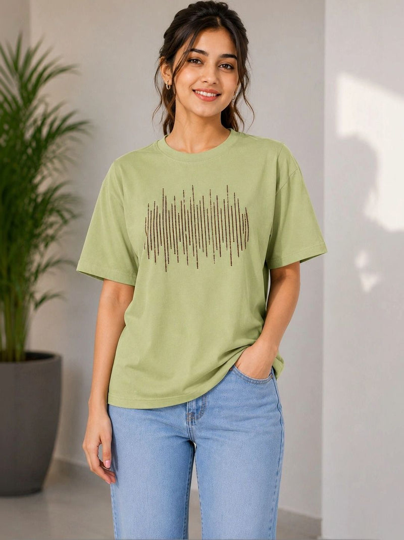 Women's Printed Pure Cotton Round Neck T-Shirt — Green — Quality Craftsmanship Anatomy
