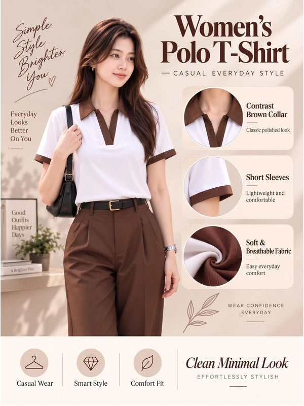 Women's Colourblocked Polo Collar T-Shirt — White Angle View — Custom Printing Surat