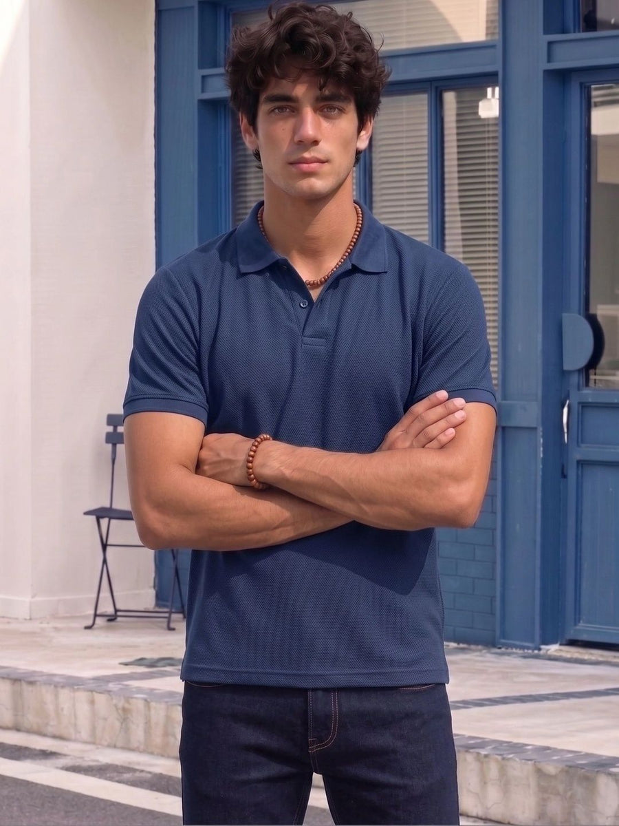 Men's All-Over Printed Polo Collar T-Shirt — Navy Blue — Custom Print Studio