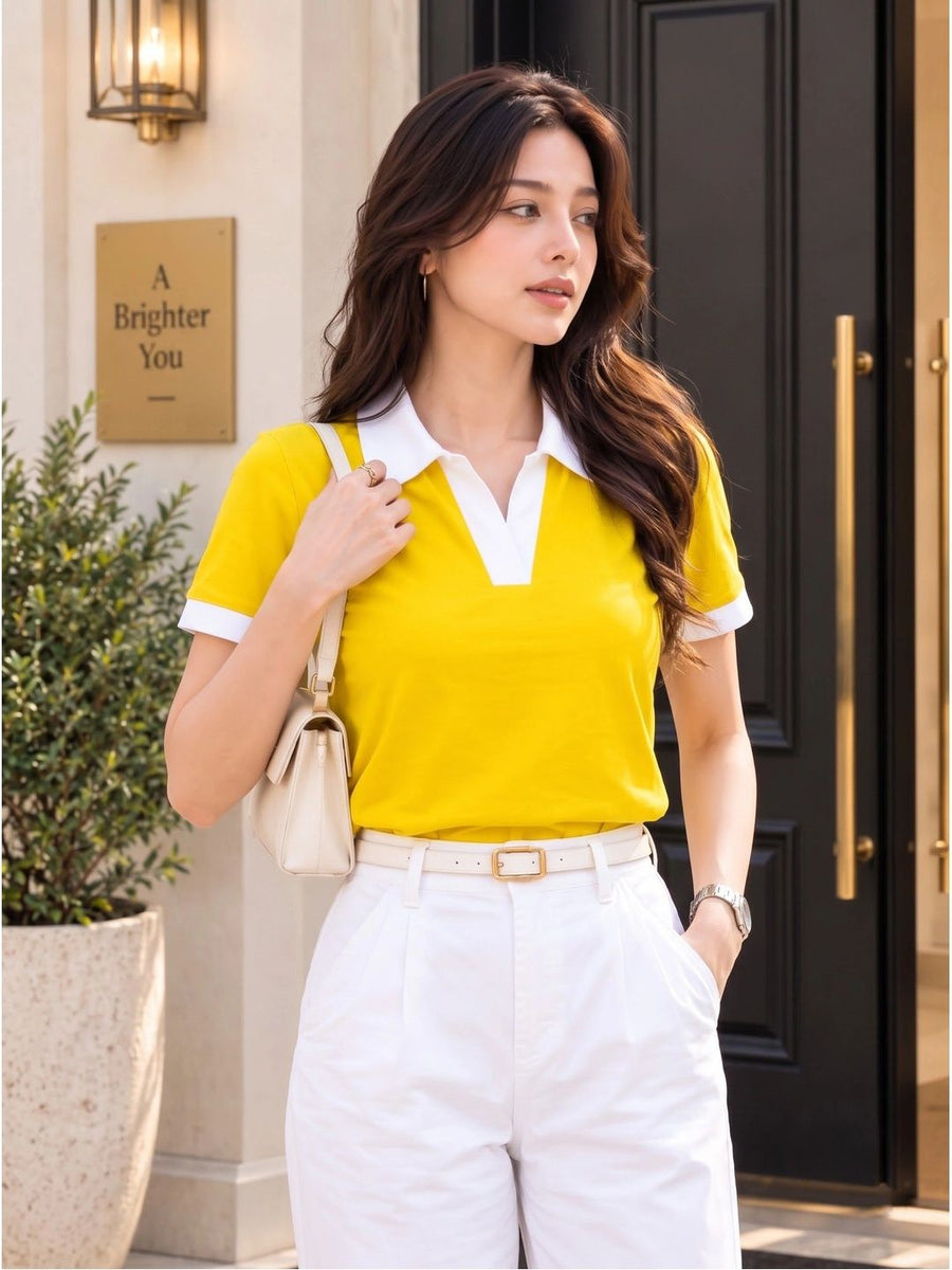 Women's Colourblocked Polo Collar T-Shirt — Yellow — Custom Print Studio