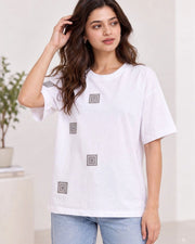 Women's Printed Drop-Shoulder Sleeves T-Shirt — White — Thumbnail 1