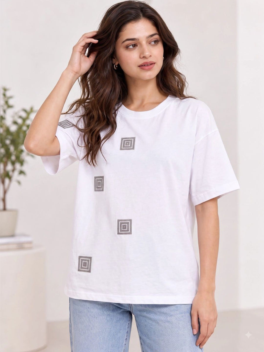 Women's Printed Drop-Shoulder Sleeves T-Shirt — White — Tshirt Factory India Direct Manufacturer Surat