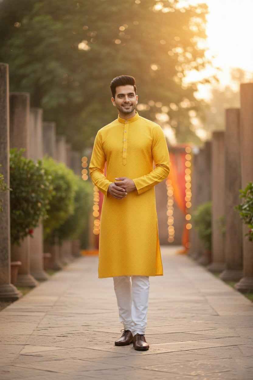 Men's Jacquard Self-Design Silk Blend Festive Kurta — Yellow — Custom Print Studio
