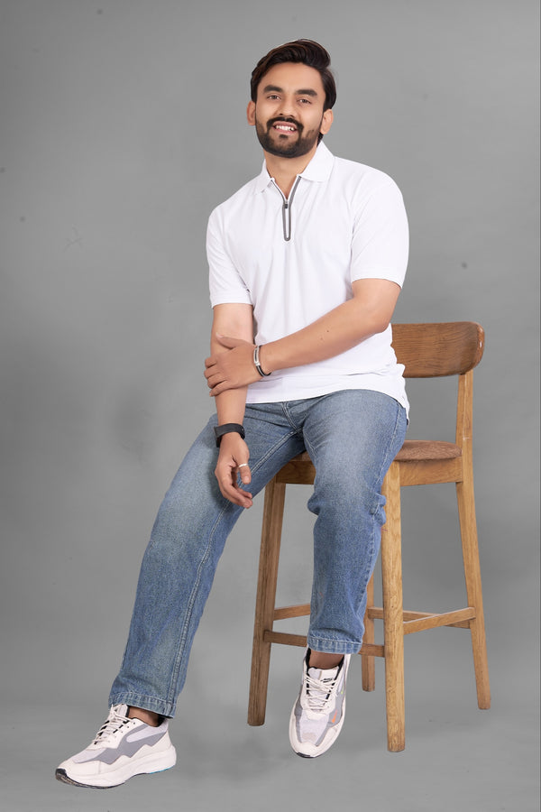 Men's Quarter-Zip Spread Collar Solid Polo T-Shirt — White — Tshirt Factory India Direct Wholesale Manufacturer