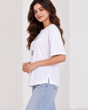 Women's Printed Drop-Shoulder Sleeves T-Shirt — White — Thumbnail 6