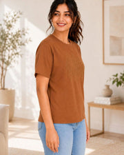 Women Pure Cotton T-shirt — Brown — Thumbnail 4