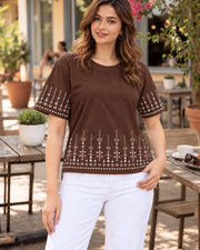 Women Printed T-shirt — Coffee Brown — Thumbnail 1