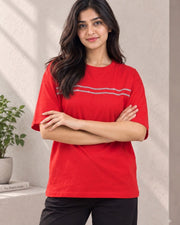Divra Clothing Women Embellished Relaxed Fit T-Shirt — Red — Thumbnail 1