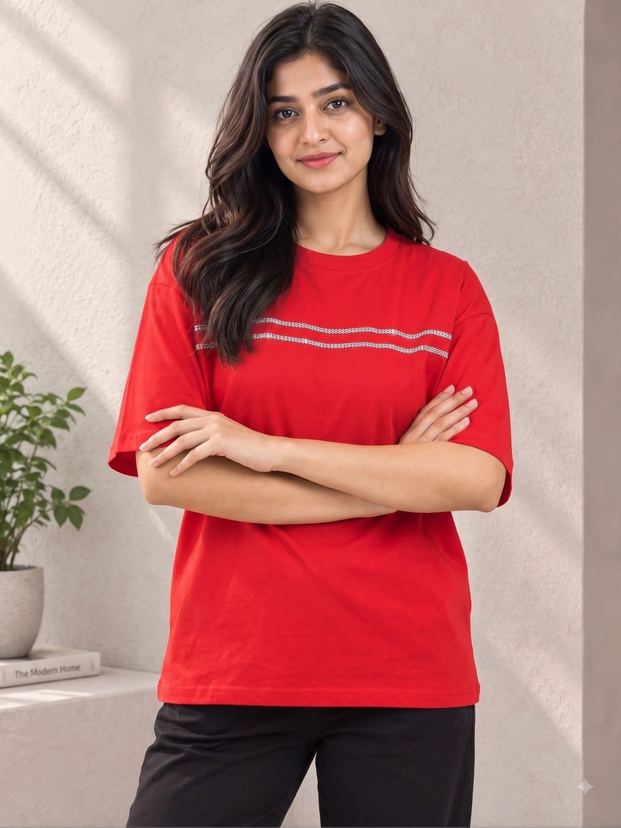 Divra Clothing Women Embellished Relaxed Fit T-Shirt — Red — Tshirt Factory India Direct Manufacturer Surat