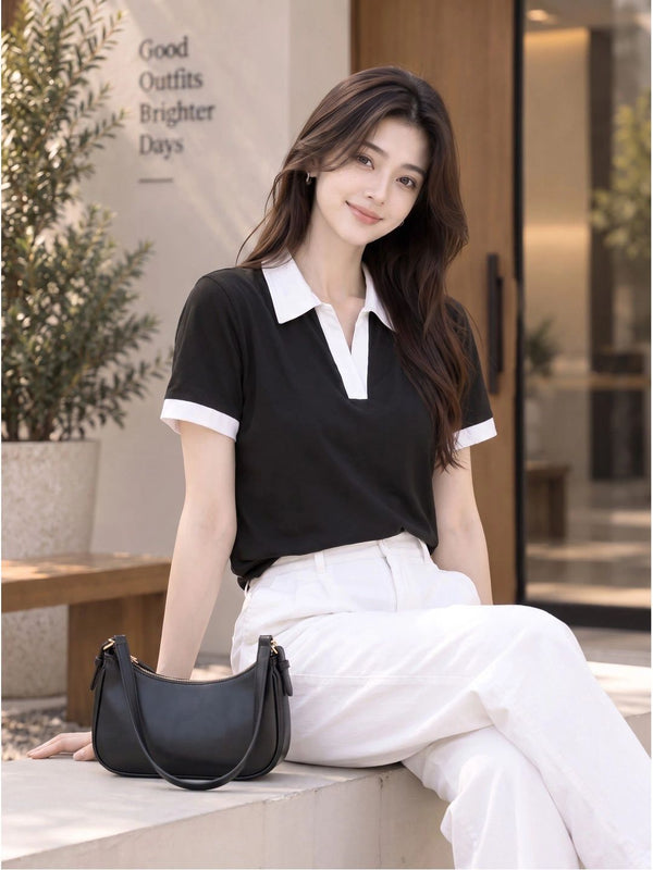 Women's Colourblocked Polo Collar T-Shirt — Black Angle View — Custom Printing Surat