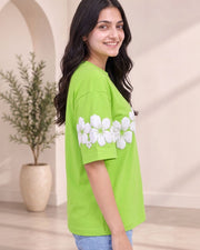Women Floral Printed Tropical Applique T-shirt — Green — Thumbnail 7