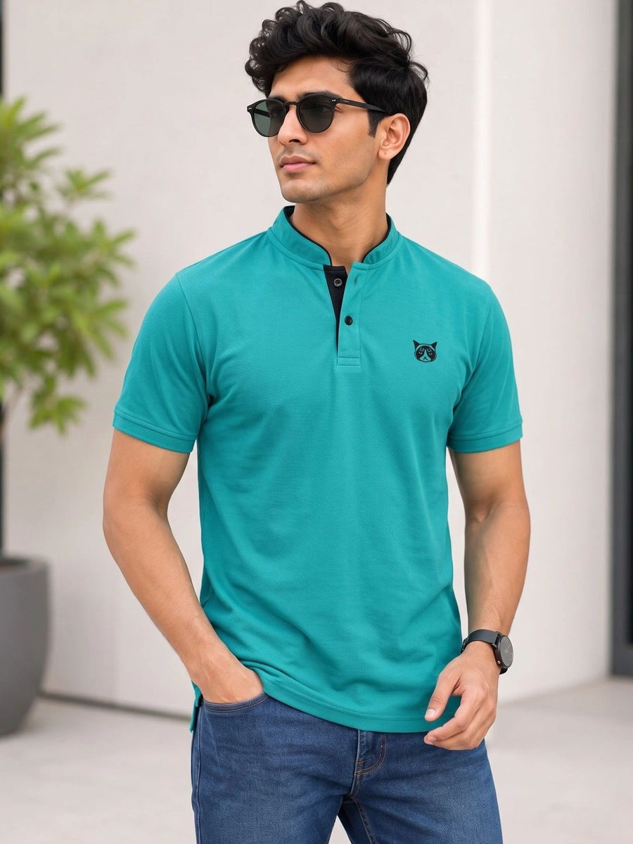 Men's Mandarin Collar T-Shirt — Teal — Tshirt Factory India Direct Manufacturer Surat
