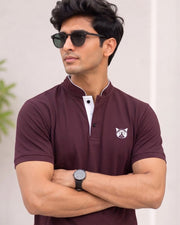 Men's Brand Logo Mandarin Collar T-Shirt — Burgundy — Thumbnail 6