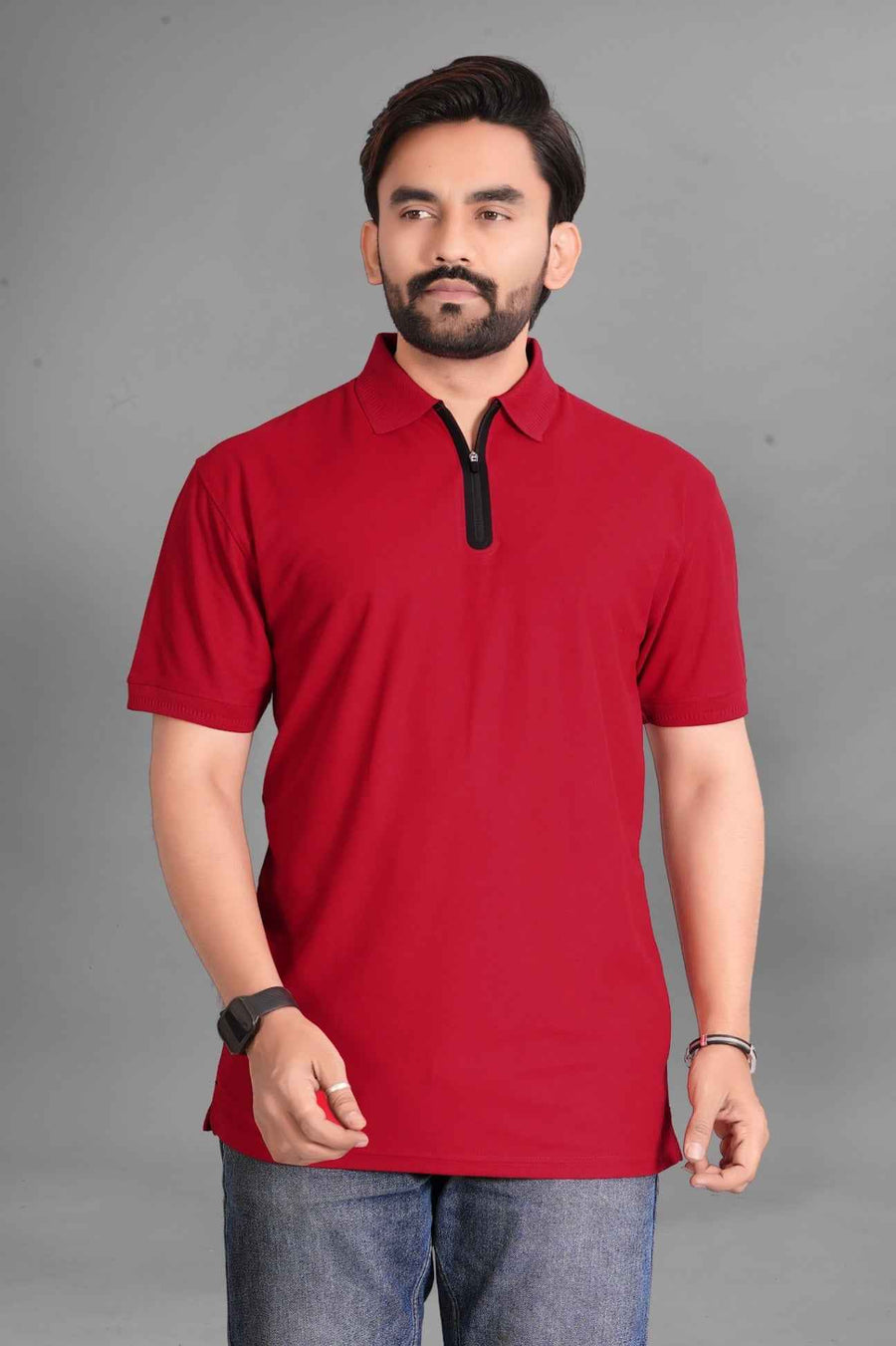 Men's Quarter-Zip Spread Collar Solid Polo T-Shirt — Red — Tshirt Factory India Direct Manufacturer Surat