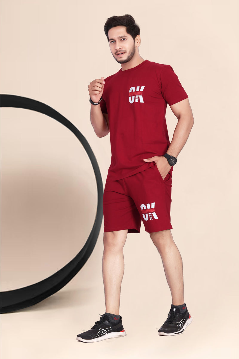 Men's Cotton Printed Night Suit Set of Top & Shorts — Maroon — Quality Craftsmanship Anatomy