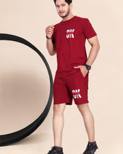 Men's Cotton Printed Night Suit Set of Top & Shorts — Maroon — Thumbnail 2