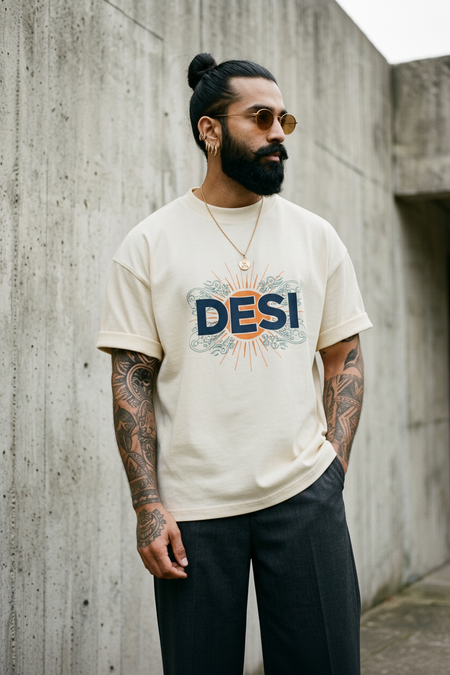 Desi Vibes Graphic Oversized Round Neck T-Shirt Angle View — Custom Printing Surat