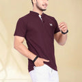Men's Brand Logo Mandarin Collar T-Shirt — Maroon