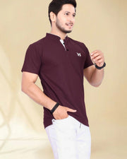 Men's Brand Logo Mandarin Collar T-Shirt — Maroon — Thumbnail 1