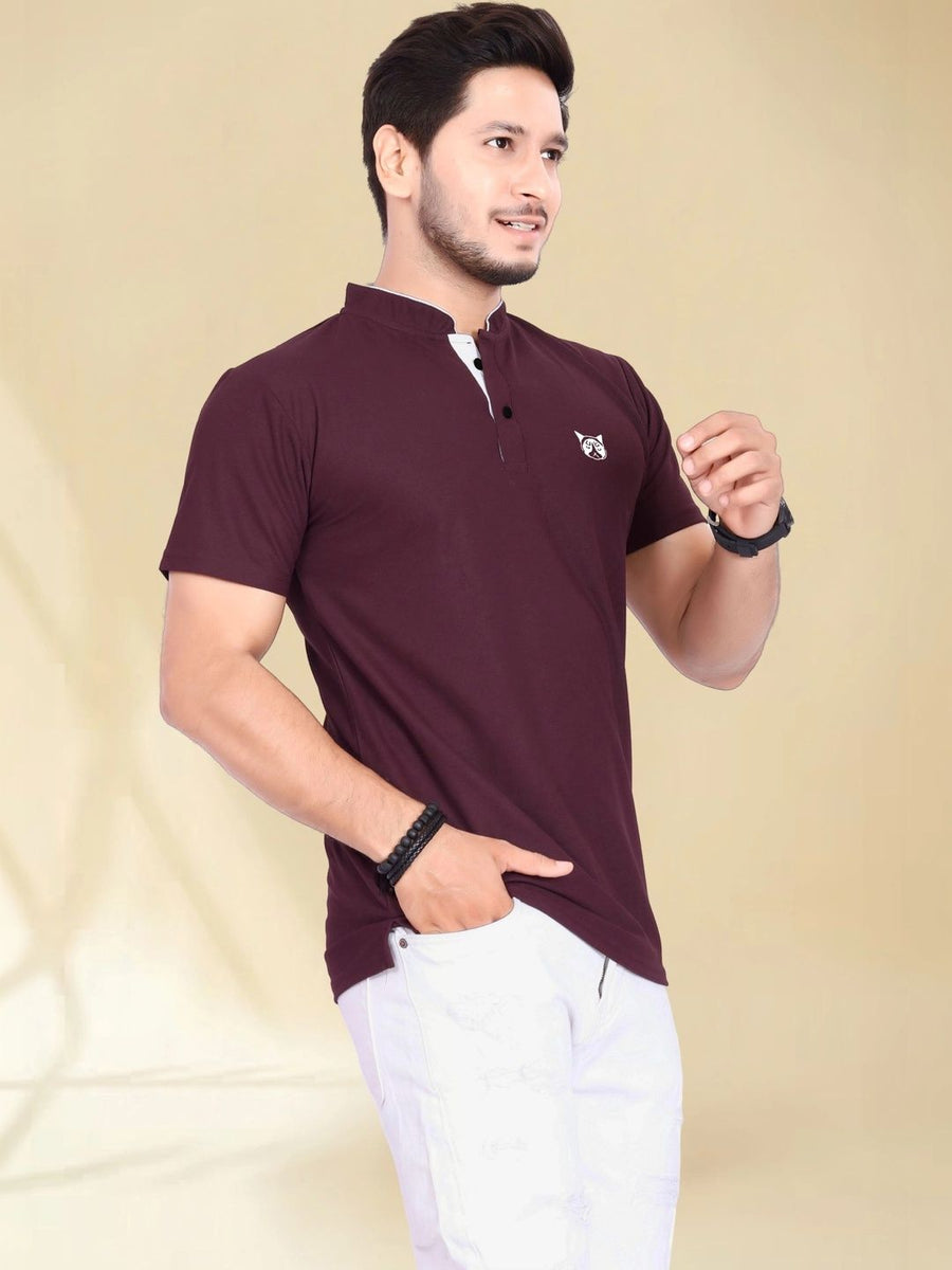Men's Brand Logo Mandarin Collar T-Shirt — Maroon — Tshirt Factory India Direct Manufacturer Surat