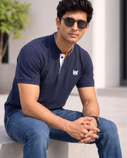 Men's Brand Logo Mandarin Collar Pockets T-Shirt — Navy Blue — Thumbnail 5