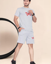 Men's Cotton Printed Night Suit Set of Top & Shorts — Grey — Thumbnail 2