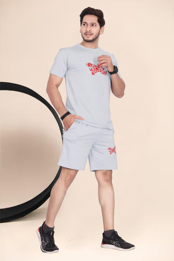 Men's Cotton Printed Night Suit Set of Top & Shorts — Grey Angle View — Custom Printing Surat