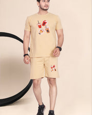 Men's Cotton Printed Night Suit Set of Top & Shorts — Chiku — Thumbnail 1