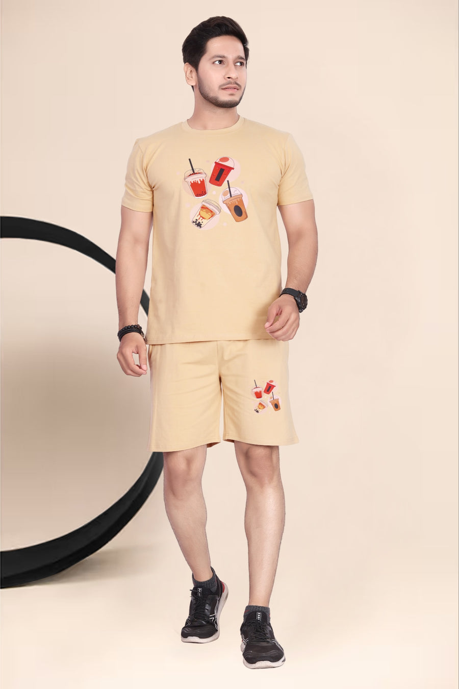 Men's Cotton Printed Night Suit Set of Top & Shorts — Chiku — Tshirt Factory India Direct Manufacturer Surat