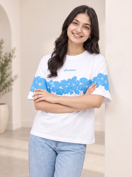 Divra Clothing Women Floral Print Round Neck T-Shirt — White — Tshirt Factory India Direct Wholesale Manufacturer