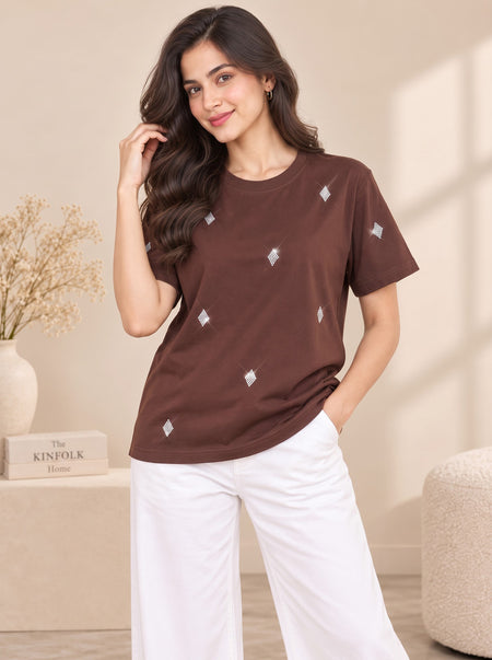 Divra Clothing Women Self Design Round Neck T-Shirt — Brown — Tshirt Factory India Direct Wholesale Manufacturer