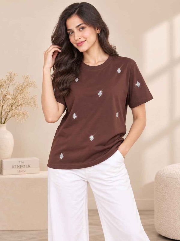 Women Self Design Round Neck T-Shirt — Brown — Tshirt Factory India Direct Wholesale Manufacturer