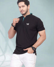 Men's Brand Logo Mandarin Collar T-Shirt — Black — Thumbnail 5