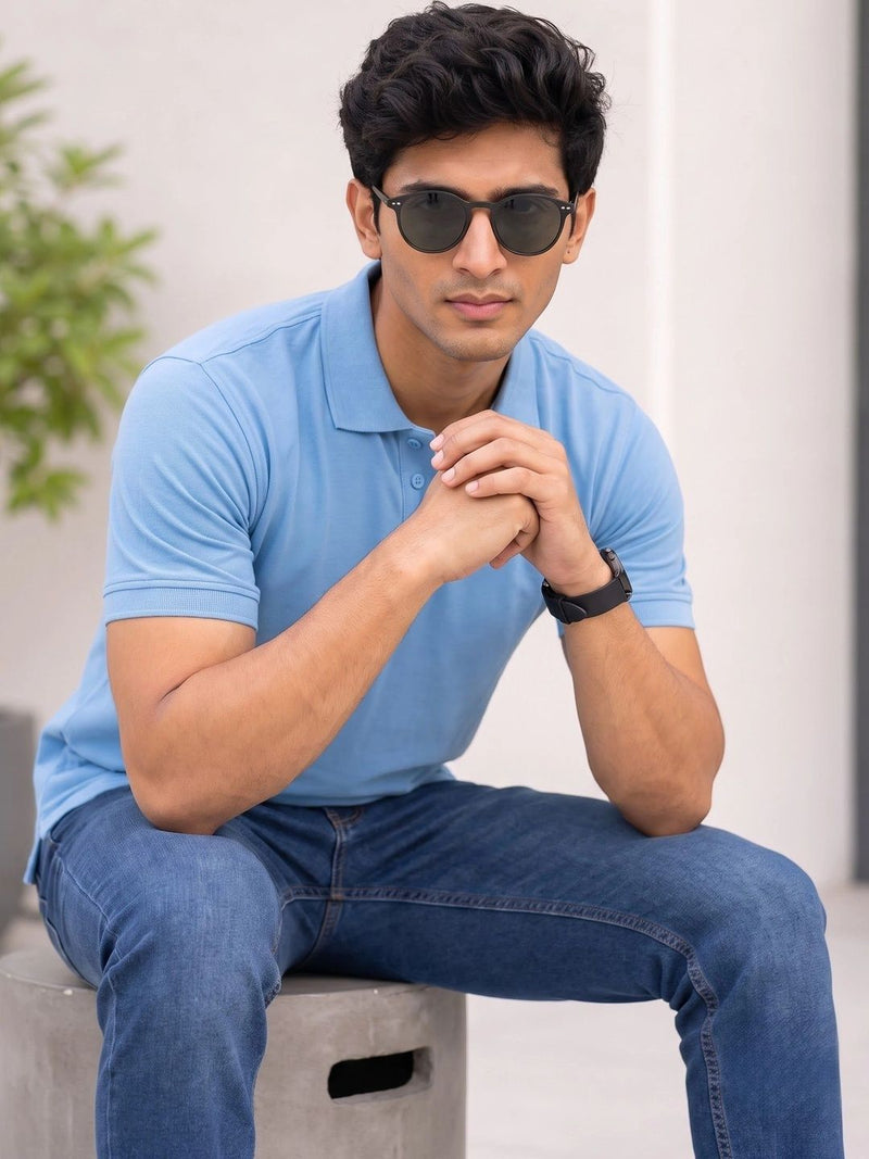 Men's Polo Collar T-Shirt — Blue — Quality Craftsmanship Anatomy