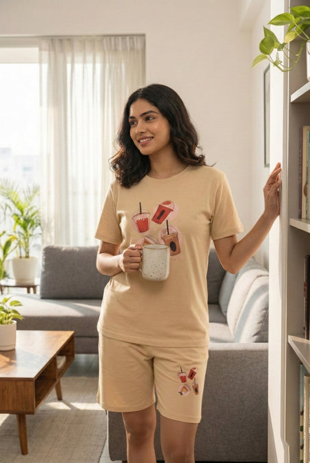Women's Printed Cotton Top & Shorts Set - Beige — Tshirt Factory India Direct Wholesale Manufacturer