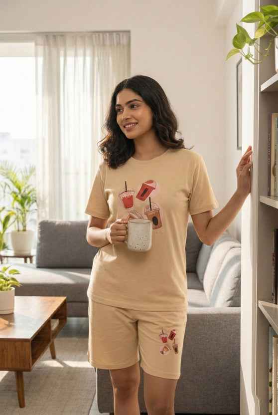 Women's Printed Cotton Top & Shorts Set - Beige — Tshirt Factory India Direct Wholesale Manufacturer