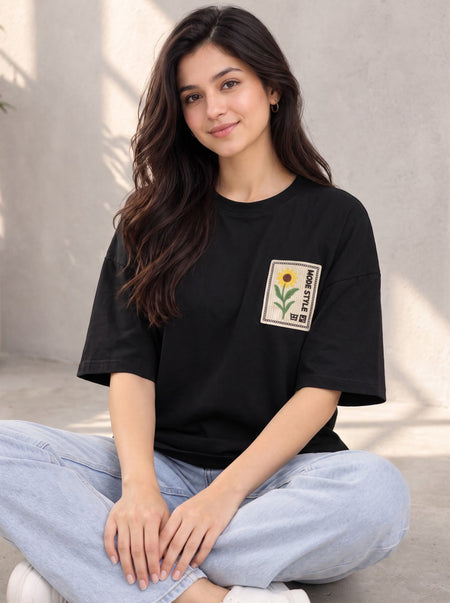 Divra Clothing Women Embroidered Round Neck T-Shirt — Black — Tshirt Factory India Direct Wholesale Manufacturer