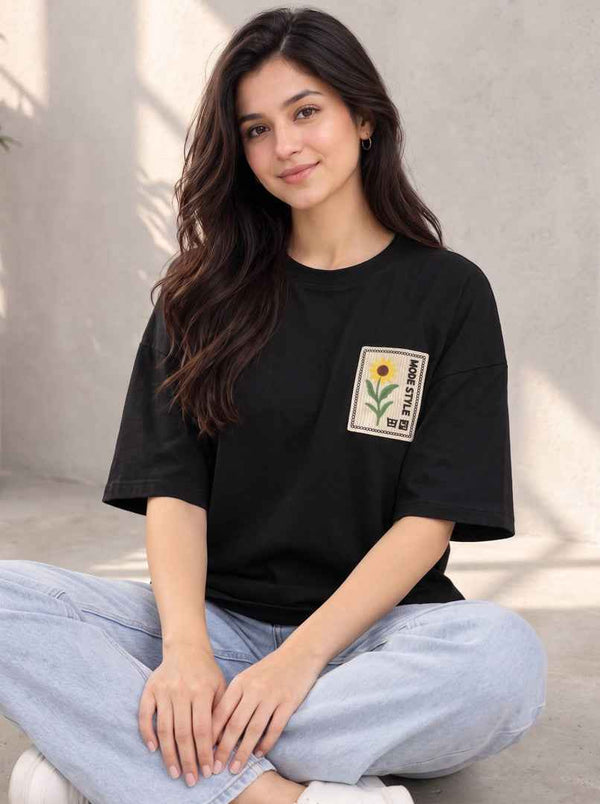 Women Embroidered Round Neck T-Shirt — Black — Tshirt Factory India Direct Wholesale Manufacturer