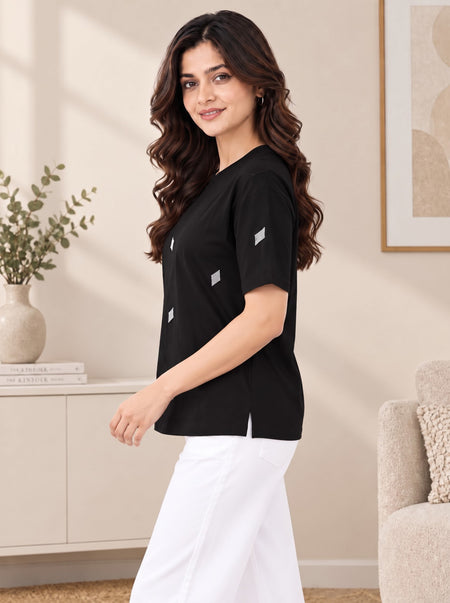 Divra Clothing Women Self Design Round Neck T-Shirt — Black Angle View — Custom Printing Surat