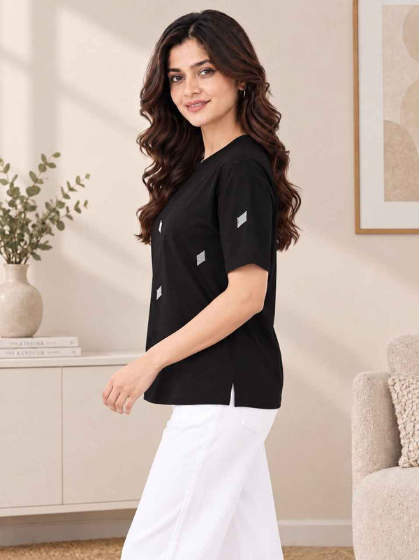 Women Self Design Round Neck T-Shirt — Black Angle View — Custom Printing Surat