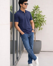 Men's Solid Polo Collar T-Shirt — Navy Blue — Thumbnail 4