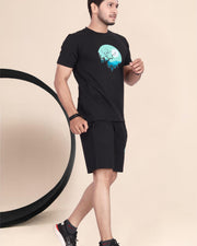 Men's Cotton Printed Night Suit Set of Top & Shorts — Black — Thumbnail 3